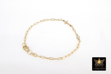 14 K Gold Filled Cross CZ Paperclip Chain Link Charm Bracelet, Baptism Religious